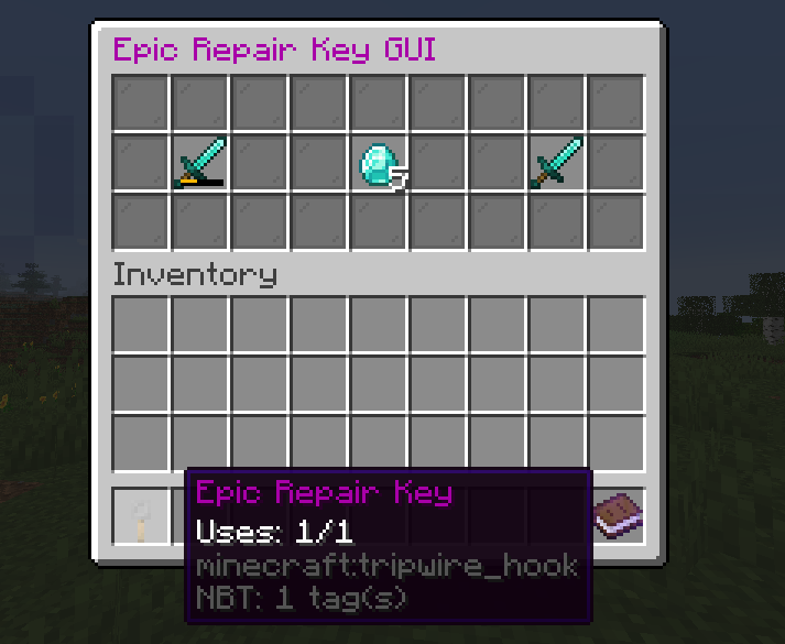 The Epic Repair Key GUI: a damaged diamond sword in slot 10, a diamond in slot 13, and a repaired sword in slot 16. The hovered key shows lore 'Uses: 1/1'.