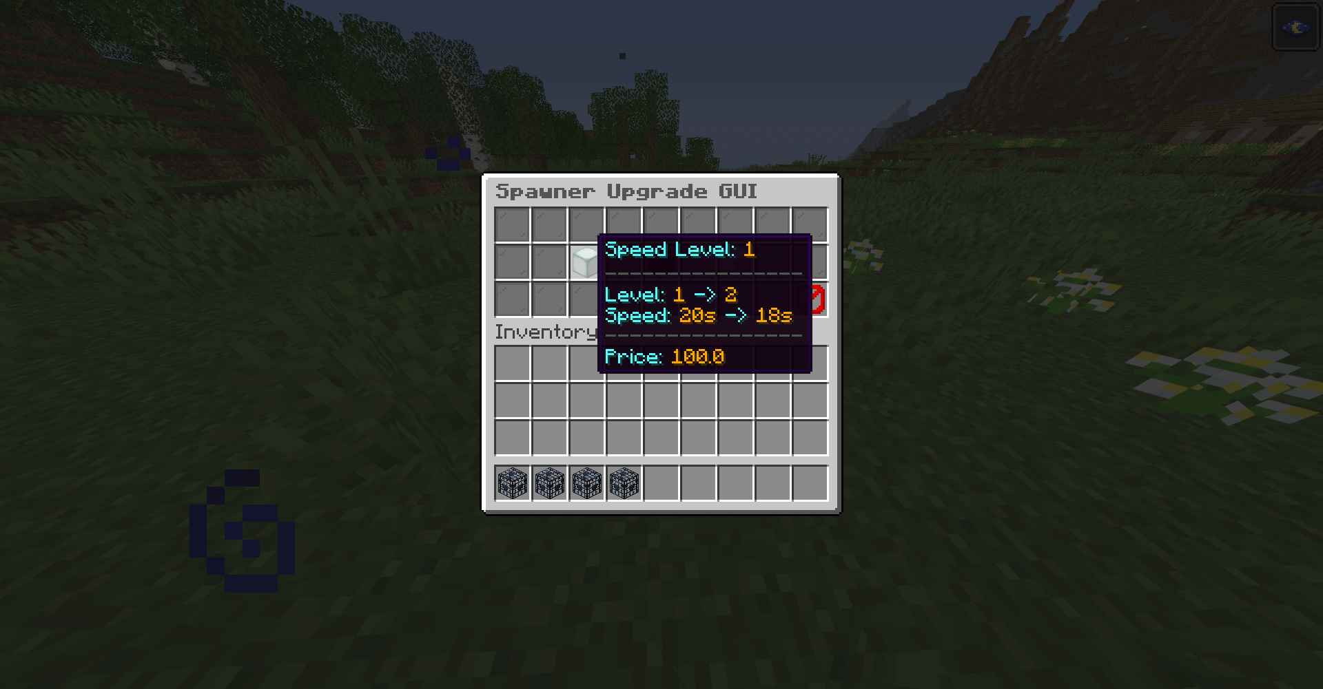 Speed upgrade tile in the GUI: Level 1 → 2, 20s → 18s, Price 100