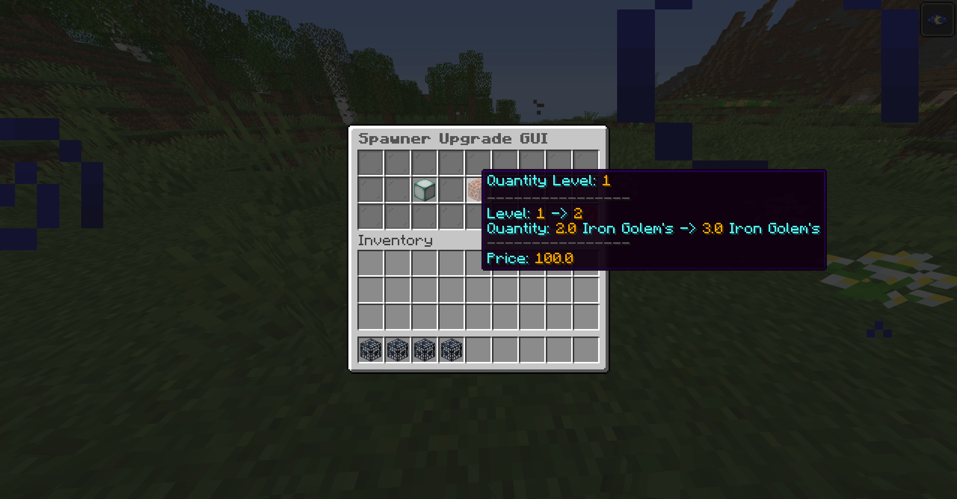 Quantity upgrade tile in the GUI: Level 1 → 2, 2 Iron Golems → 3 Iron Golems, Price 100