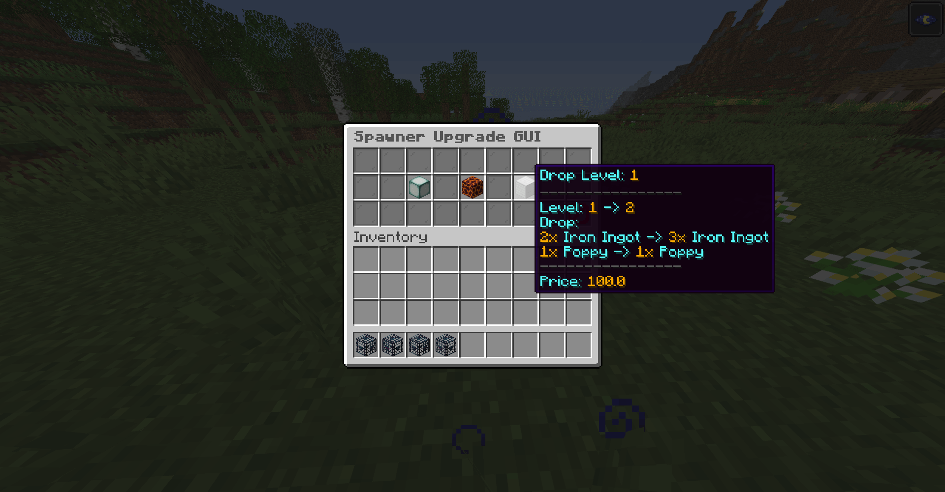Drop upgrade tile in the GUI: Level 1 → 2, 2x Iron Ingot → 3x Iron Ingot, Price 100