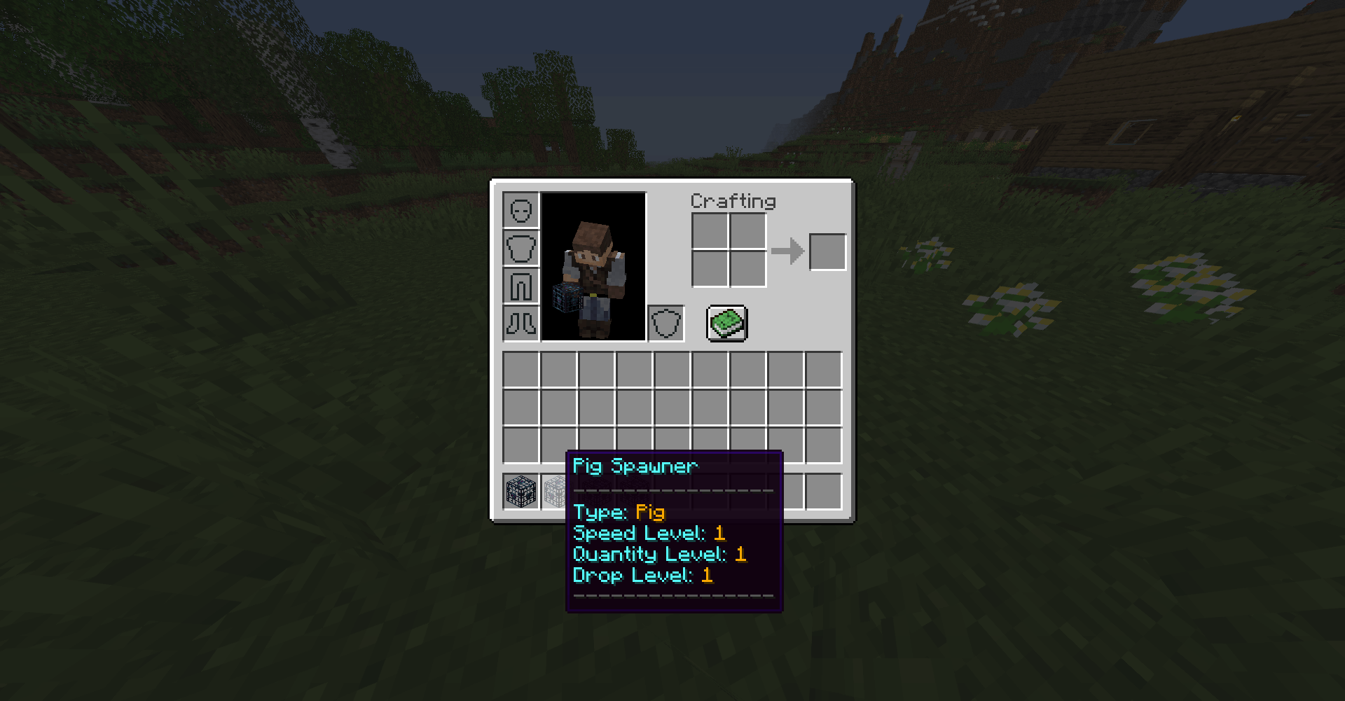 Pig Spawner item tooltip, Type: Pig, Speed Level 1, Quantity Level 1, Drop Level 1