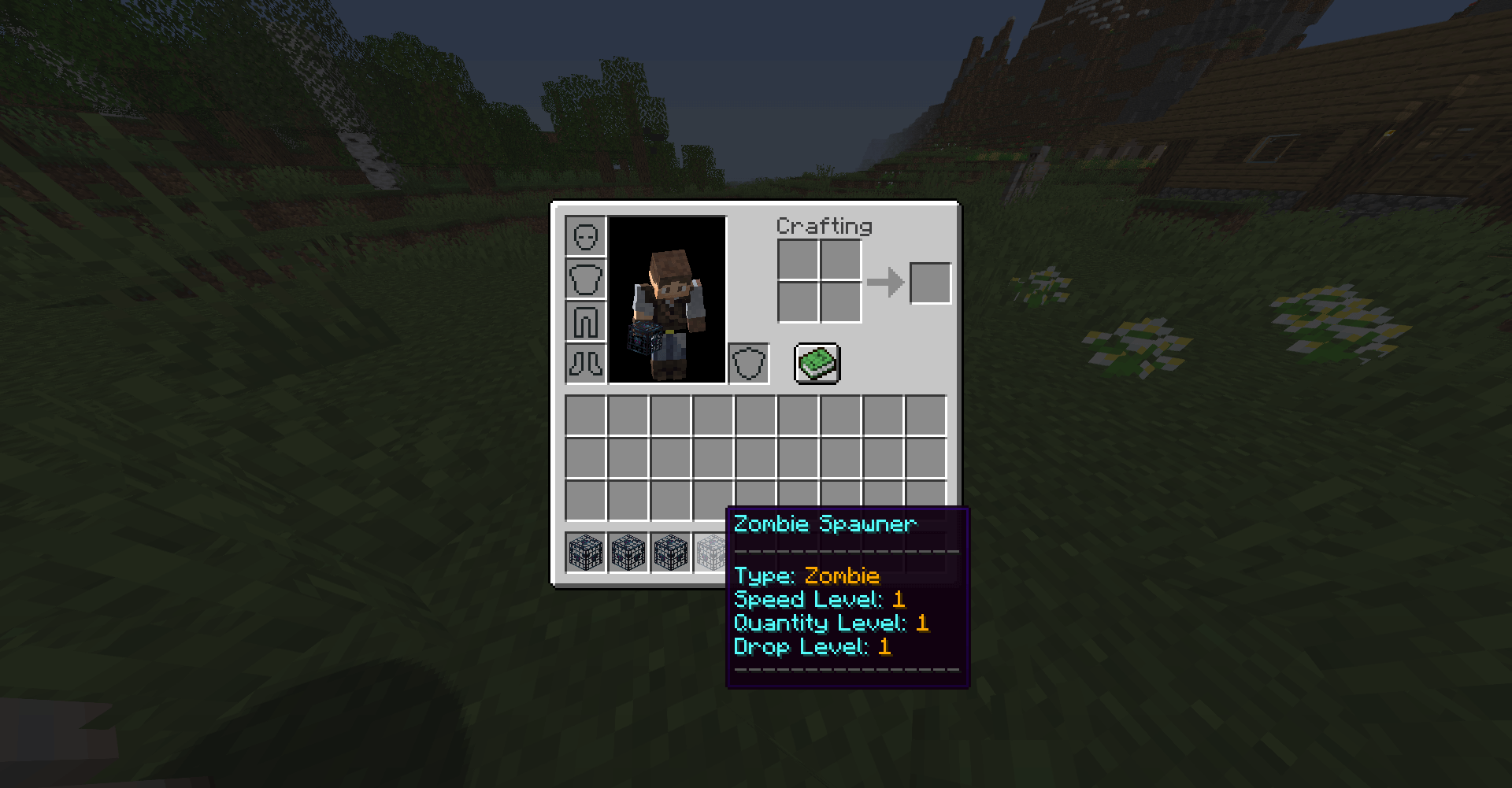 Zombie Spawner item tooltip, Type: Zombie, Speed Level 1, Quantity Level 1, Drop Level 1